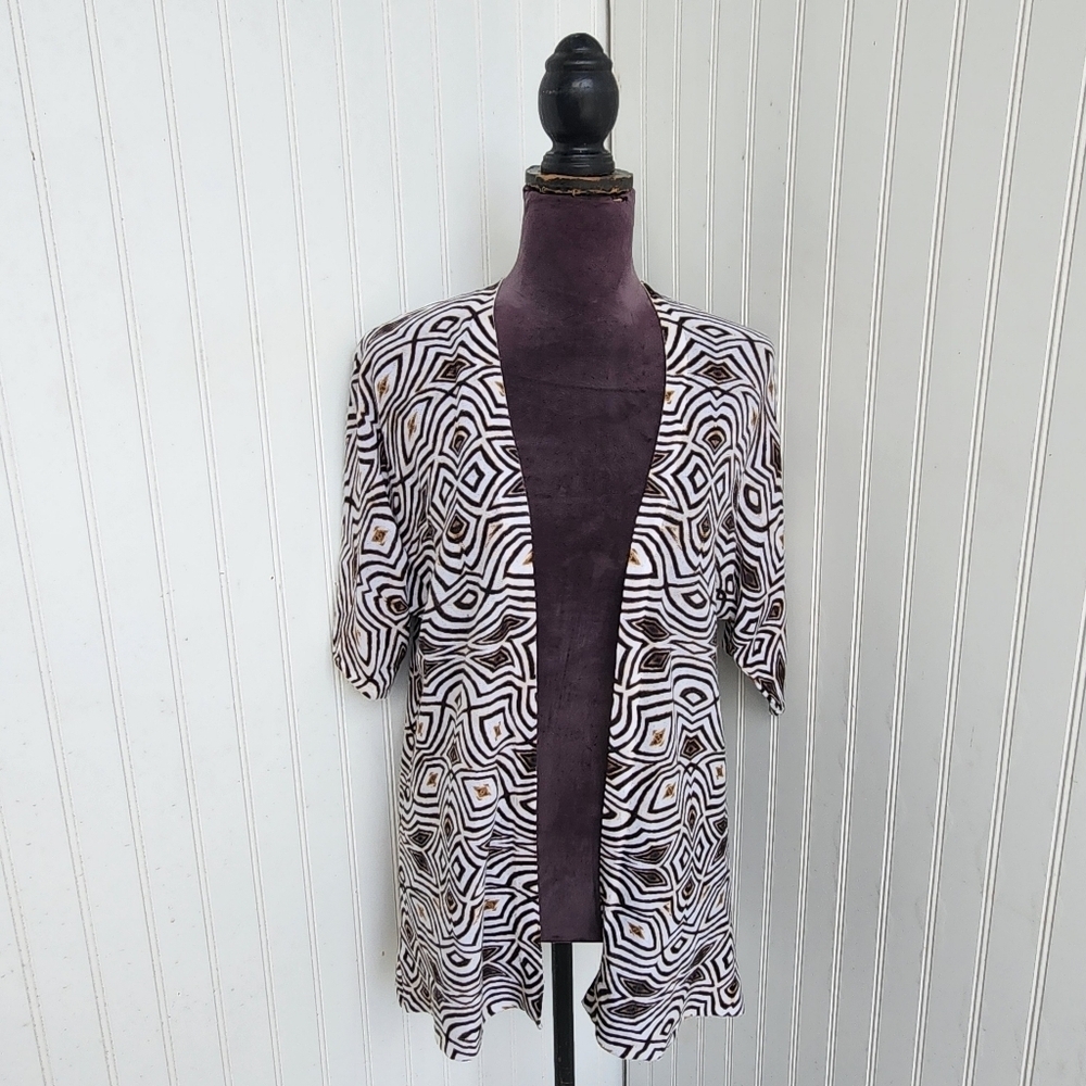 CHICO'S Ramie Cotton Open Front Cardigan Sweater White Brown Geo Print 1 ( M )